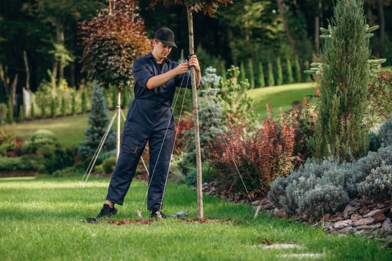 Fixing the growing little tree for the straight position. Professional gardener is on the lawn.