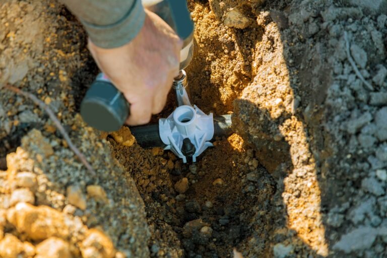Tools and parts to hose for irrigation laying in garden on ground
