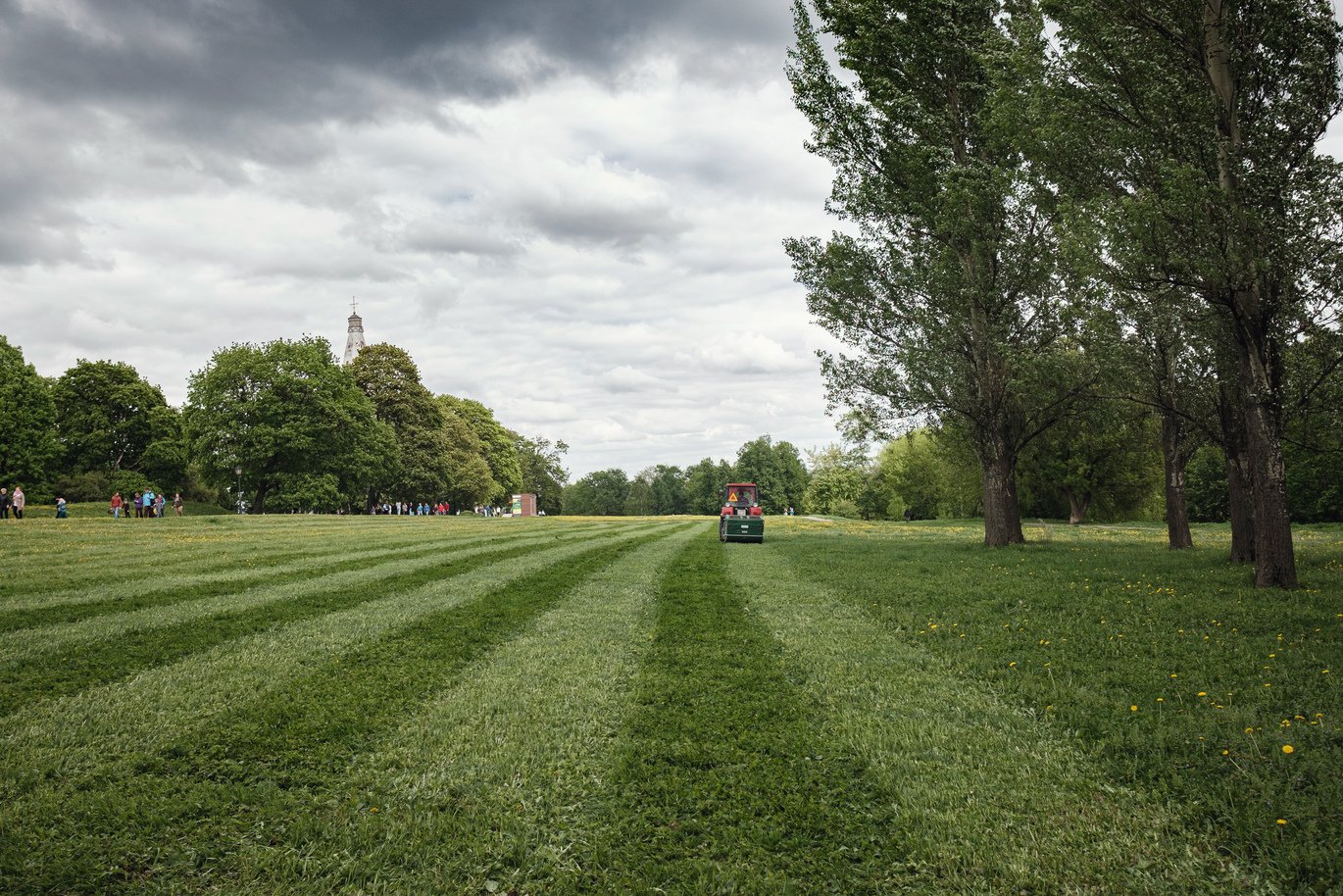 mower cutting the grass in public park. park Kolomenskoye in spring Moscow